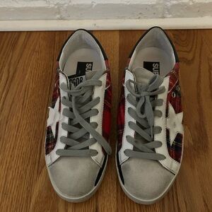 Golden Goose Red Plaid and White Superstar Sneakers